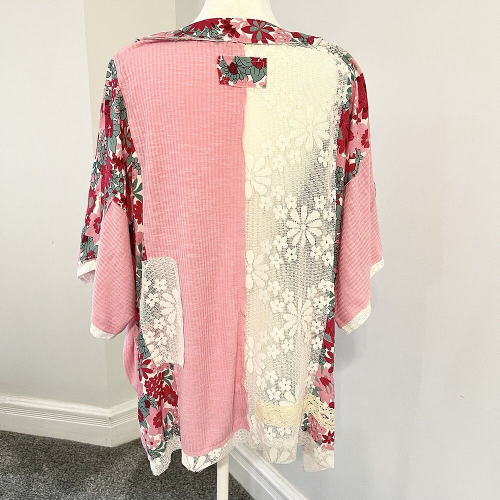 POL Patchwork Tunic Top Sz Medium Pink Floral Lac… - image 3